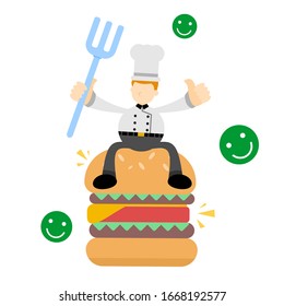 el chef se sienta en una hamburguesa gigante y a su alrededor hay un icono de sonrisa verde como retroalimentación positiva. el objeto de la imagen está aislado en un fondo blanco. bueno para íconos con fines comerciales