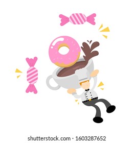 chef restaurant cooking and sweet doughnut drink coffee cup cartoon doodle flat design style vector illustration