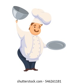 Chef in restaurant. Cute Cook in uniform holding empty dish isolated on white. Cartoon smile kitchener cooking some food and show meal on waiter. Professional master open tray cover. Catering service