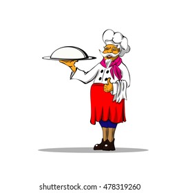 the chef of the restaurant with a dish, isolated on white background