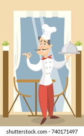 Chef at restaurant in hat with meal.