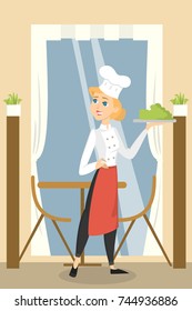 Chef at restaurant in hat with meal.