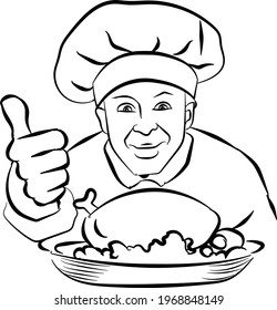 The chef of the restaurant holds a cooked dish on the table, the chef in work uniform shows gestures with his fingers - thumbs up, vector illustration in doodle style, hand draw