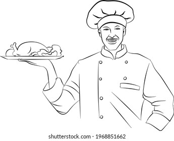 The chef of the restaurant holds a cooked dish in his hand, the chef in work uniform shows happy face, vector illustration in doodle style, hand draw