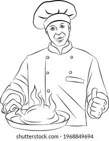 The chef of the restaurant holds a cooked food with pan in his hand, the chef in work uniform shows gestures with his fingers - thumbs up, vector illustration in doodle style, hand draw
