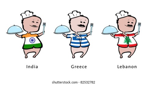Chef of restaurant from India, Greece, Lebanon - vector illustration - An indian chef, a greek chef, a lebanese chef