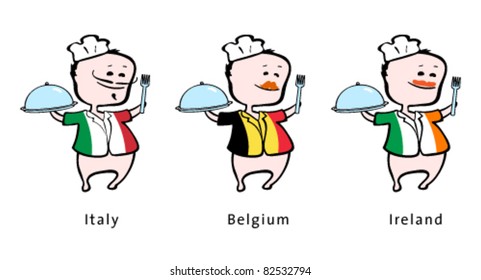 Chef of restaurant from Italy Belgium, Ireland - vector illustration - An italian chef, a belgium chef, an irish chef