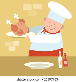 Chef of the restaurant is in the kitchen cooking poultry chicken Turkey duck goose. Food and meat