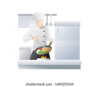 Chef in restaurant kitchen cooking. Restaurant staff characters design. Young men chef in toque and apron holding in hand pan with vegetables. Cartoon vector illustration