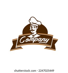 Design des Chef- oder Restaurant-Logos. Chef Logo Maskottkonzept. Ein Mann mit Schnurrbart, der Kochen trägt, hat ein klassisches Logo für die Bäckerei. 