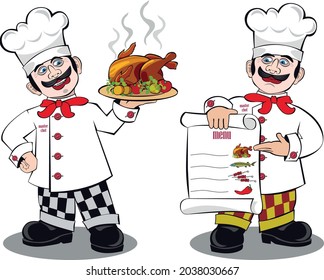 a chef in a restaurant with a menu with a tray of food chicken 