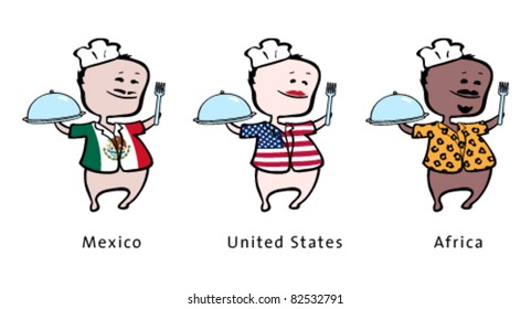 Chef of restaurant from Mexico, United States, Africa - vector illustration - A mexican chef, an american chef, an african chef