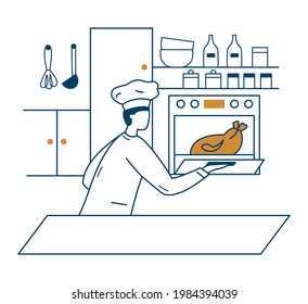 The chef of the restaurant opened the oven and checks the baked chicken. There are dishes, cans and plates in the kitchen.