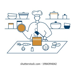 The chef of the restaurant prepares soup. The chef stands with a ladle over a steaming pot. There are vegetables on the kitchen table.