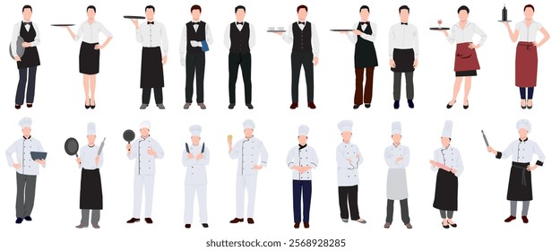 Chef and restaurant staff collection set. Set of restaurant, cafe and hotel staff waiter, waitress and chef. 