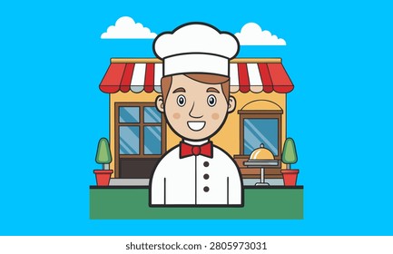 Chef restaurant worker flat vector illustration featuring a smiling professional chef standing in front of a restaurant building. Clean cartoon style suitable for concepts related to food service, hospitality, restaurant business, culinary profession, cooking, kitchen staff, catering, dining, menu design, small business, and customer service. Ideal for websites, mobile apps, educational materials, presentations, marketing, restaurant branding, and hospitality promotions.