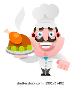 Chef With Roast Duck On A Tray, Bon Appetit. Logo For Your Restaurant.