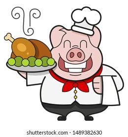 Chef With Roast Duck On A Tray, Bon Appetit. Logo For Your Restaurant.