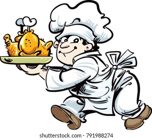 Chef with roasted chicken or turkey