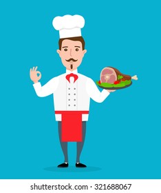 Chef with roasted pork leg