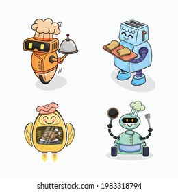 Chef Robot Cartoon Mascot, Cute Funny Smiling with Hand Drawn Style Logo Design Illustration, Character Collection Pack