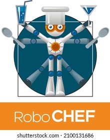Chef robot logo. Vending machine for food preparation. Vitruvian Man  