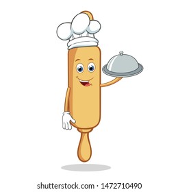 Chef Rolling Pin Cartoon Mascot Character Holding a Silver Dome or Cloche.