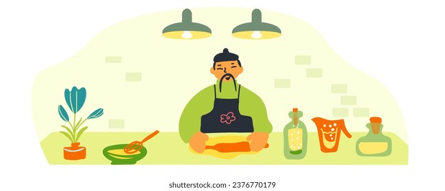 The chef rolls out the dough. Preparing desserts and pastries. Kitchen, green interior. Traditional Asian cuisine, spices. Man, cook, dishes, sweets. Healthy eating concept. Vector illustration.