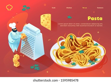Chef rubs cheese for pasta. Web site concept. Colored spots on bright gradients.
