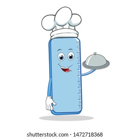 Chef Ruler Cartoon Mascot Character Holding a Silver Dome or Cloche.