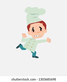 Chef runs alarmed.