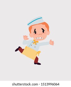 Chef runs alarmed. He is in negative attitude.