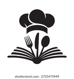 Un chef se sienta encima de un libro de cocina abierto con tenedor, cuchillo y cuchara