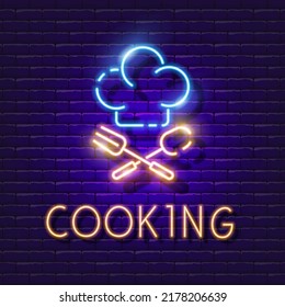 Chef s hat neon sign and cutlery vector illustration. Cooking lesson concept.