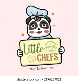 Chef School funny mascot panda in chef hat. Cooking school young chefs banner. Culinary lesson for little cooks sign.