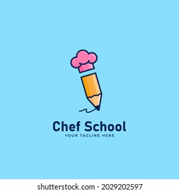 Chef School logo icon with pencil and chef hat, recipe blogger logo icon concept