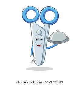 Chef Scissors Cartoon Mascot Character Holding a Silver Dome or Cloche.
