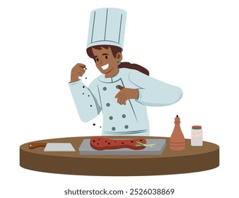 um chef tempero uma carne, trabalhador de cozinha profissional no chapéu culinário cozinhar carne, polvilhando bife com especiarias, condimentos. Ilustração de vetor plano.