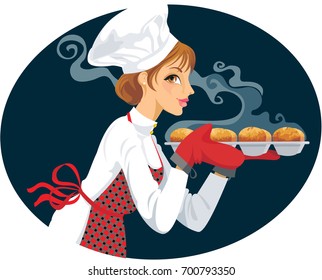 Chef serves cup cakes fresh from the oven
