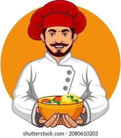A chef serving curry dishes