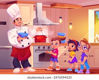 Chef serving dinner for kids at nursery school. Vector cartoon illustration of man in white uniform pouring hot soup to bowls, cute boys and girl waiting for meal in kitchen, kindergarten care