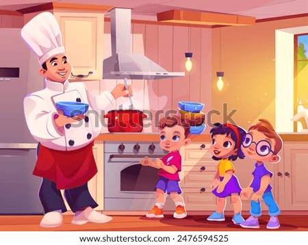 Chef serving dinner for kids at nursery school. Vector cartoon illustration of man in white uniform pouring hot soup to bowls, cute boys and girl waiting for meal in kitchen, kindergarten care