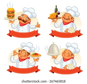 Chef serving the dish. Funny cartoon character. Vector illustration. Isolated on white background. Set