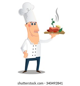 Chef serving the dish. Vector illustration