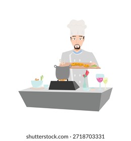 Chef serving food on a plate vector illustration