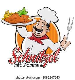 chef serving german or austrian dish schnitzel mit pommes