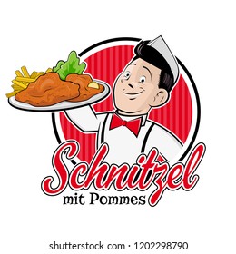 chef serving german or austrian dish schnitzel mit pommes