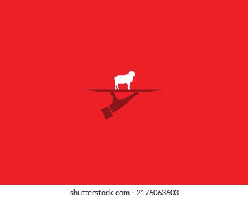 The chef is serving the sheep on the plate. The sacrifice a sheep for  Celebration of Muslim holiday Background. Restaurant and Eid Al Adha concept. red background vector illustration.