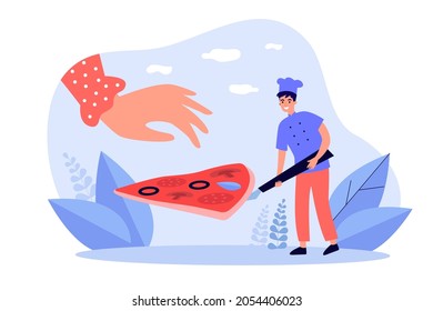 Chef serving traditional Italian pizza. Giant hand taking pizza slice in restaurant. Cook pizzaman offering food in pizzeria. Fast food, snack concept. Flat vector illustration.