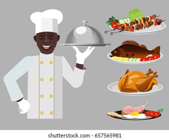 Chef with serving tray and main dishes. Vector illustration